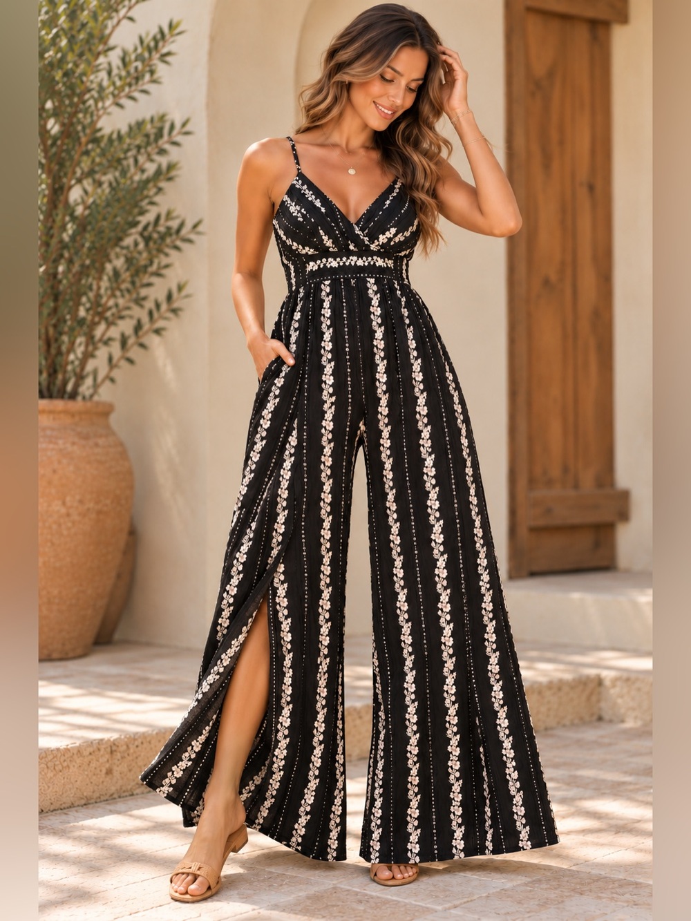 Angie XL Black Floral Wrap Leg Wide Leg Jumpsuit Boho NWT